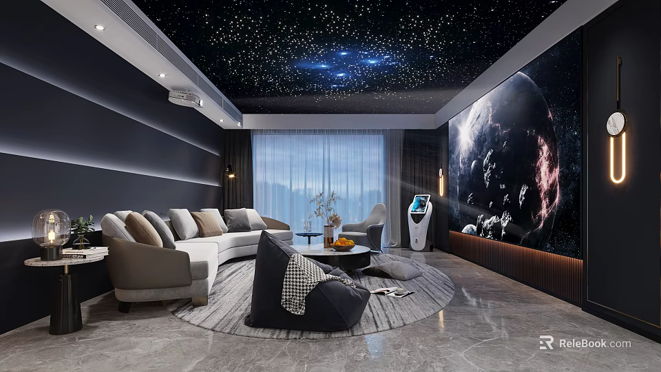 Modern Luxury Home Theater Interior With Starry Ceiling And Large Projection Screen 3d model 