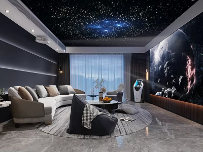 Modern Luxury Home Theater Interior With Starry Ceiling And Large Projection Screen 3d model