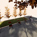 Brown Metal Frame Landscape Seats Along Gray Stone Path With Autumn Orange Trees And Lawn