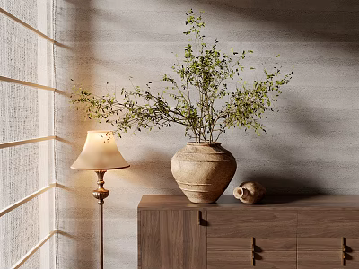 Bonsai Plant in Clay Pot on Wooden Cabinet with Floor Lamp and Gray Wall 3d model