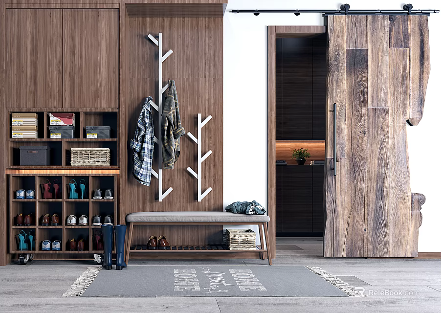 Modern Entryway Wooden Shoe Cabinet With Coat Rack Bench And Storage Boxes 3d model 