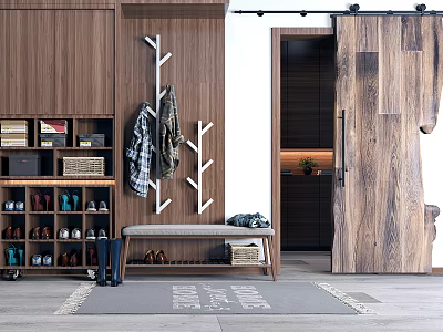 Modern Entryway Wooden Shoe Cabinet With Coat Rack Bench And Storage Boxes 3d model