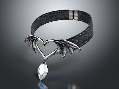 Stylish Black Leather Collar Necklace With Silver Heart And Wings Design Featuring Clear Teardrop Gemstone 3d model