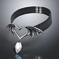 Stylish Black Leather Collar Necklace With Silver Heart And Wings Design Featuring Clear Teardrop Gemstone
