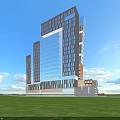Modern High-Rise Commercial Complex With Glass Curtain Walls And Copper Panel Facade
