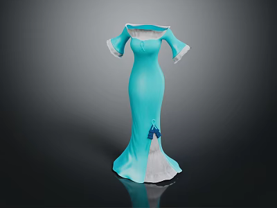 Elegant Blue Flared Sleeve Dress With White Trim And Slit Hem Design 3d model