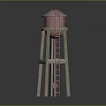 Pink Roofed Water Tower Structure With Wooden Supporting Pillars And Red Ladder