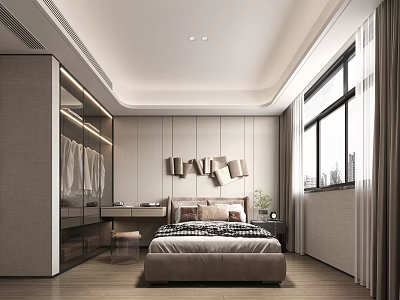 Modern Bedroom Interior Design With Bed Nightstand Wardrobe And Window Curtains 3d model
