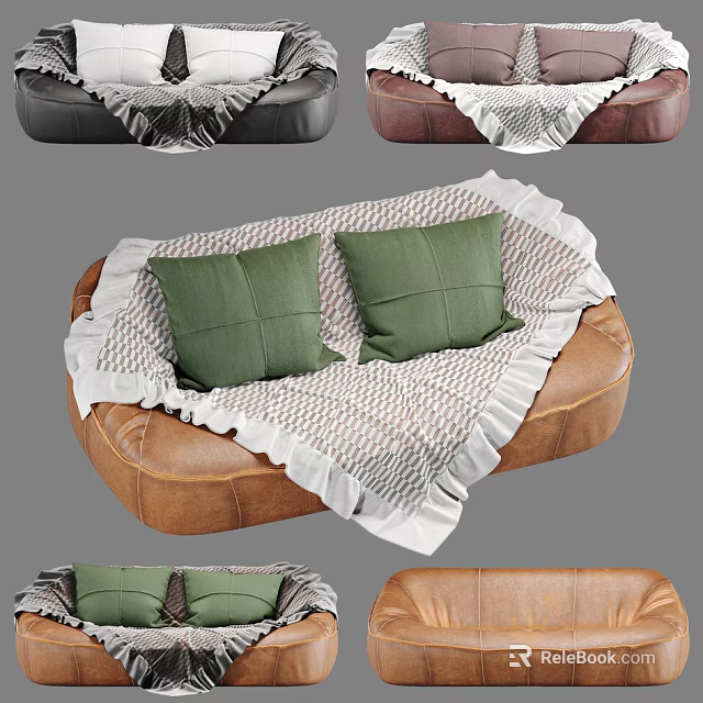 Brown Leather Double Sofa With Green Cushions And Frilled Checkered Blanket 3d model 