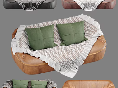 Brown Leather Double Sofa With Green Cushions And Frilled Checkered Blanket 3d model