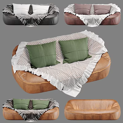 Brown Leather Double Sofa With Green Cushions And Frilled Checkered Blanket 3d model