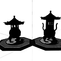 Traditional Chinese Pagoda Style Bronze Carved Ornamental Decorative Set With Hexagonal Black Base