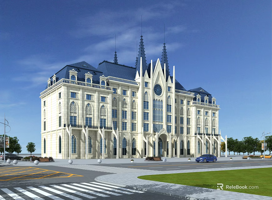 European Style Office Building Featuring White Exterior Blue Roof Spires Arched Windows Street Grass Trees 3d model 