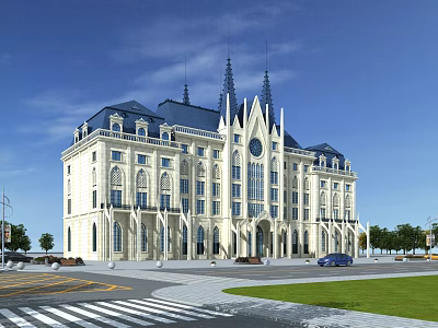 European Style Office Building Featuring White Exterior Blue Roof Spires Arched Windows Street Grass Trees 3d model