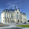 European Style Office Building Featuring White Exterior Blue Roof Spires Arched Windows Street Grass Trees