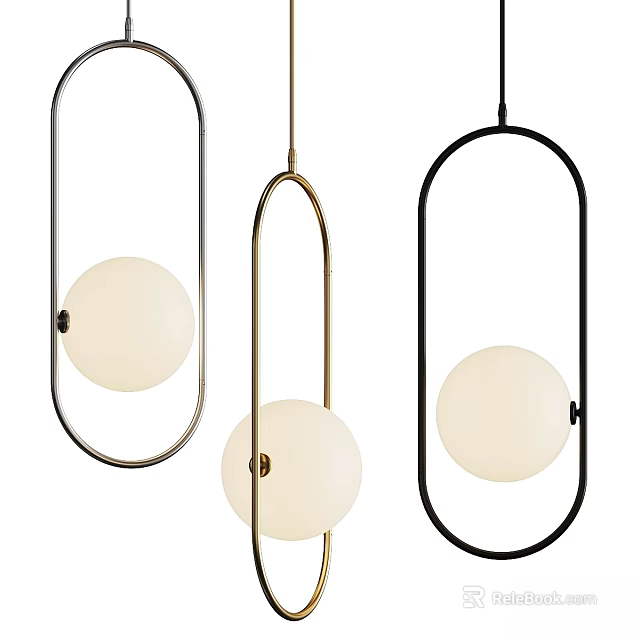 Modern Three Colored Pendant Lights With Oval Frames And Round White Shades 3d model
