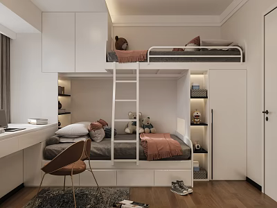 Modern Minimalist Kids Room With Bunk Bed And Study Desk 3d model