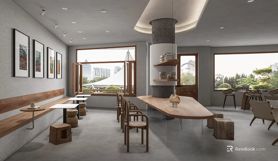 Modern Café Interior Design With Wooden Tables Chairs Benches Decorative Paintings And City View Windows 3d model 