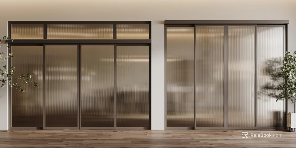 Modern Ribbed Glass Sliding Doors With Metal Frame In Interior Space On Wooden Floor 3d model 