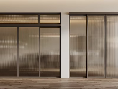 Modern Ribbed Glass Sliding Doors With Metal Frame In Interior Space On Wooden Floor 3d model
