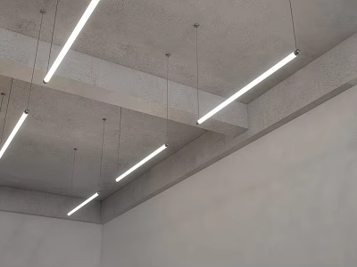 Modern Linear Pendant Lights On Concrete Ceiling For Minimal Interior Design 3d model