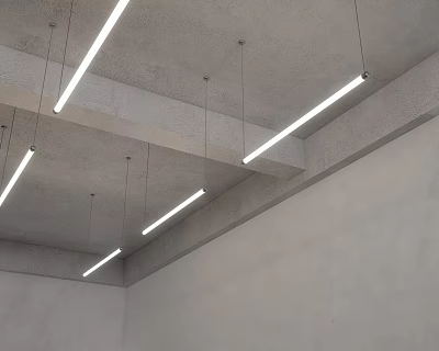 Modern Linear Pendant Lights On Concrete Ceiling For Minimal Interior Design 3d model
