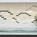 New Chinese Sofa Background Wall With Landscape Birds And Architectural Lights