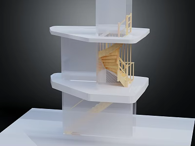 Modern Staircase Design With Multiple Platforms And Wooden Steps In Transparent White Structure 3d model