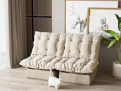 Comfortable Beige Two Seater Sofa with Padded Cushions Wooden Floor and Wall Art 3d model
