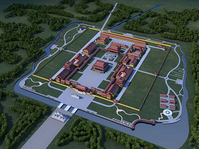 Ancient Architecture Aerial View Of Large Traditional Complex With Courtyards And Greenery 3d model