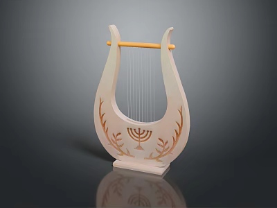 Ivory Colored Lyre Instrument With Golden Decorations Menorah Pattern And Strings 3d model