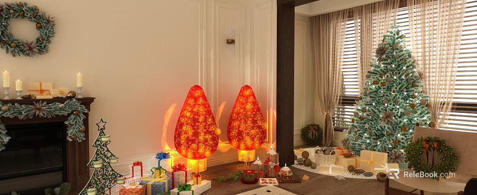 Two Red Glowing Christmas Decorations with Holiday Gifts Small Tree and Wreath 3d model 