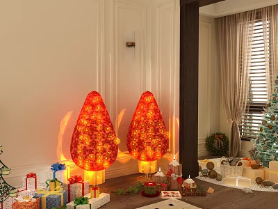 Two Red Glowing Christmas Decorations with Holiday Gifts Small Tree and Wreath 3d model