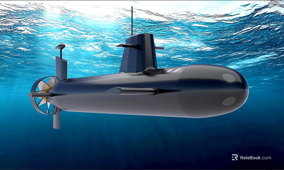 Military Submarine With Propeller And Antenna Navigating Underwater In Deep Blue Ocean 3d model 