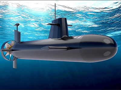 Military Submarine With Propeller And Antenna Navigating Underwater In Deep Blue Ocean 3d model