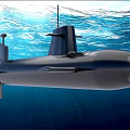 Military Submarine With Propeller And Antenna Navigating Underwater In Deep Blue Ocean