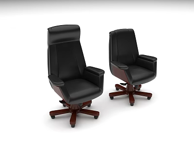 Ergonomic Set of Two Modern Black Leather Office Chairs With Armrests Wooden Base And Wheels 3d model