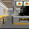 Bright Yellow Restaurant Interior with Tables Chairs Wall Posters Ceiling Light Strips and Order Counter