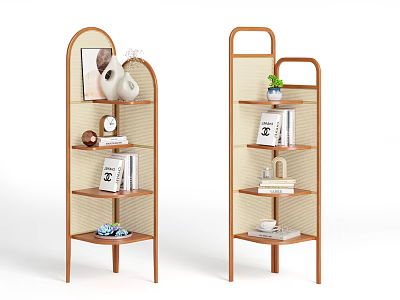 Modern Wooden Shelving Units With Multiple Tiers Rattan Panels Books And Decorative Items 3d model