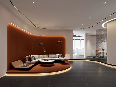 Lobby Reception Modern Interior With Orange Curved Wall Sofa Round Coffee Table And Ambient Lighting 3d model