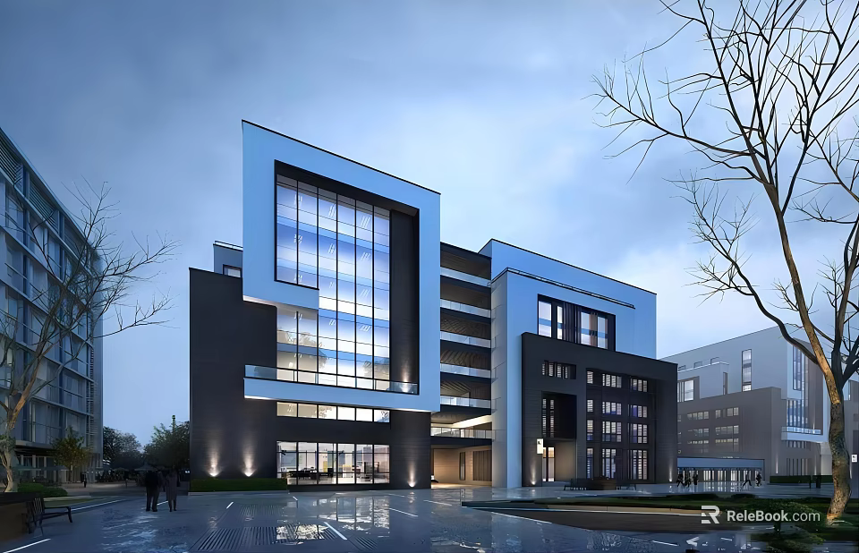 Modern Office Building Exterior Design With Glass Facade Trees And Reflective Ground 3d model 
