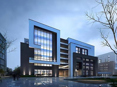 Modern Office Building Exterior Design With Glass Facade Trees And Reflective Ground 3d model