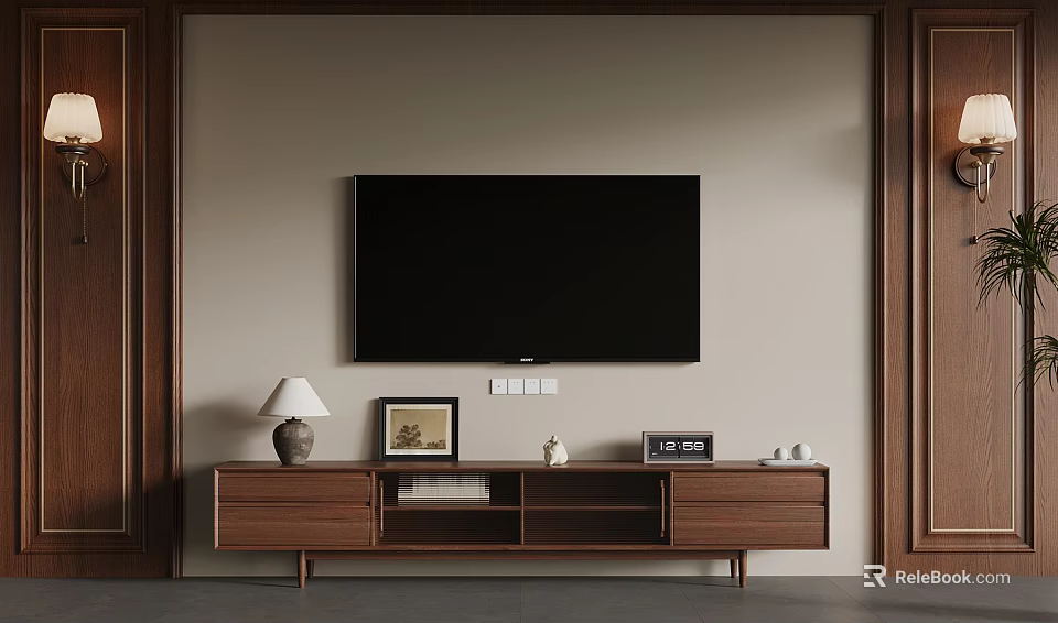 Living Room TV Wall Design With Wooden Stand Lamp Frame And Clock 3d model 