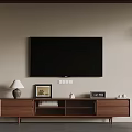 Living Room TV Wall Design With Wooden Stand Lamp Frame And Clock