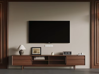Living Room TV Wall Design With Wooden Stand Lamp Frame And Clock 3d model