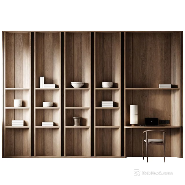 Elegant Wooden Display Cabinet With Multiple Shelves Displaying Bowls Books And Decorative Items 3d model 