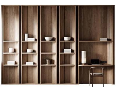 Elegant Wooden Display Cabinet With Multiple Shelves Displaying Bowls Books And Decorative Items 3d model
