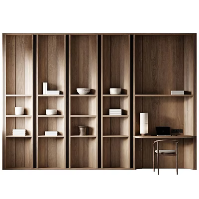 Elegant Wooden Display Cabinet With Multiple Shelves Displaying Bowls Books And Decorative Items 3d model