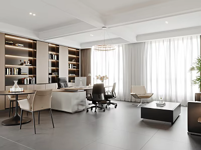 Modern Office Interior Design With Bookshelves Desk Sofa Chairs Pendant Light Large Windows And Plants 3d model