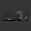 Abstract 3D Landscape Model With Heart Shaped Sculpture Dry Trees And Sand Patches